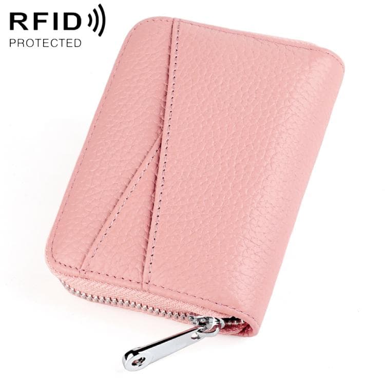 KB20 RFID Genuine Leather Zipper Coin Card Bag(Pink)