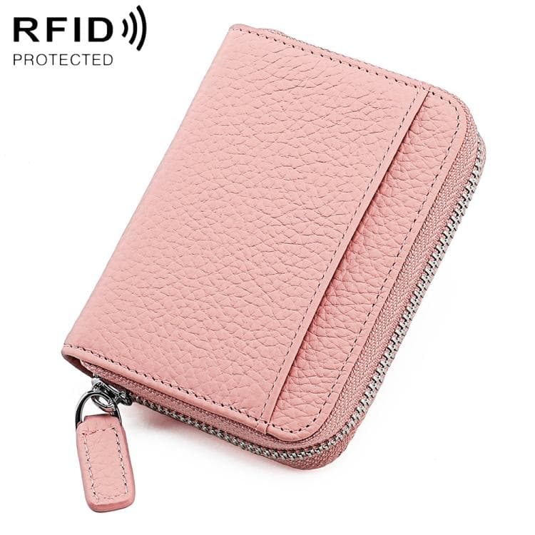 KB29 Genuine Leather RFID Zipper Accordion Card Holder(Pink)