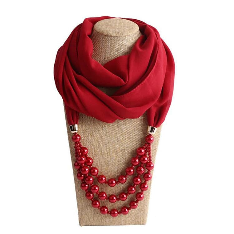 Sciarpa in stile nazionale con collana di perle finte (Rosso vino)