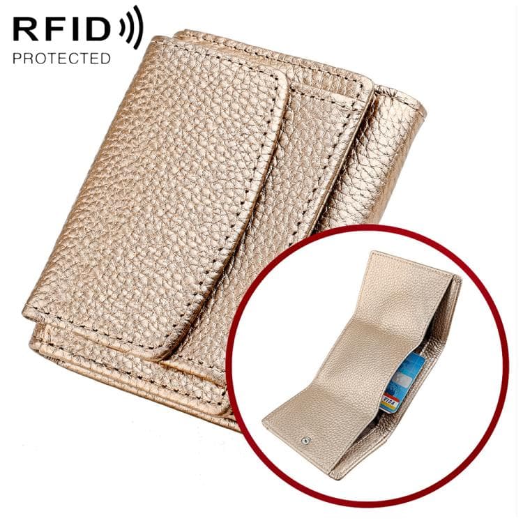 Women RFID Short Genuine Leather Wallet(Champagne)