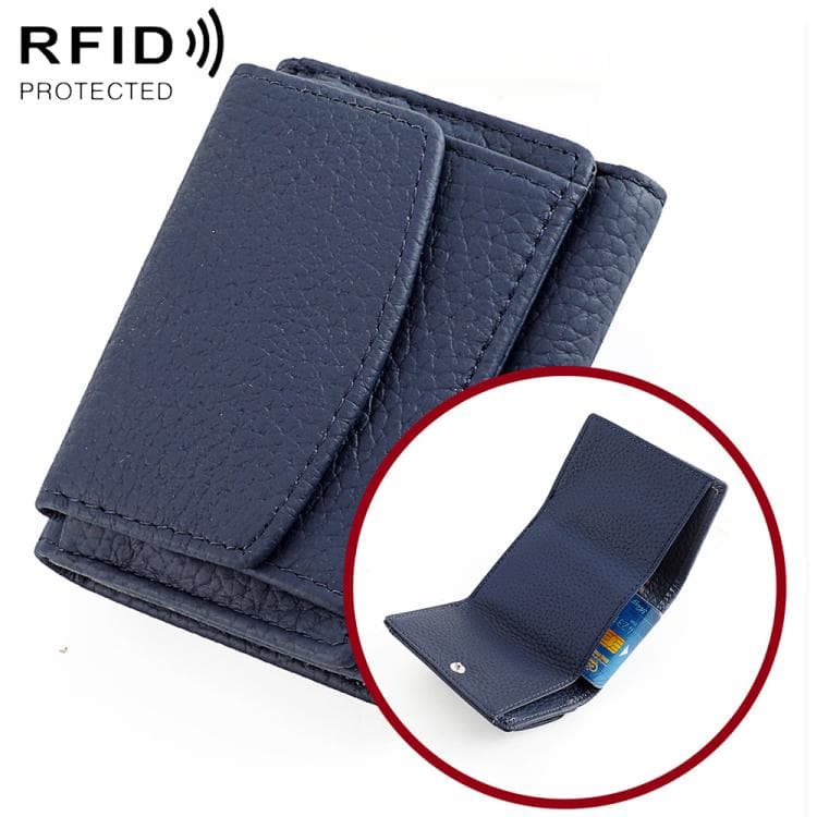 Women RFID Short Genuine Leather Wallet(Dark Blue)