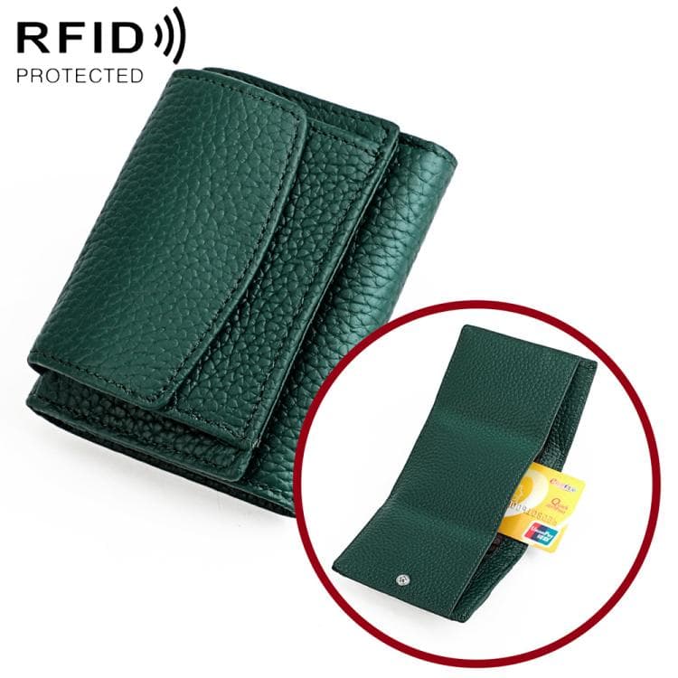 Women RFID Short Genuine Leather Wallet(Dark Green)