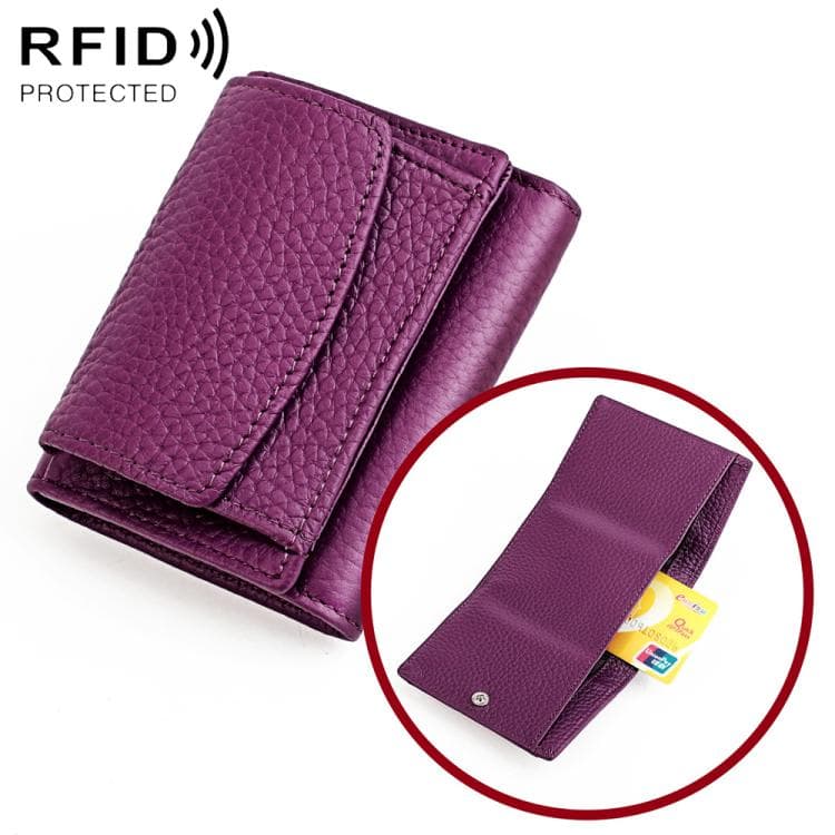 Women RFID Short Genuine Leather Wallet(Purple)