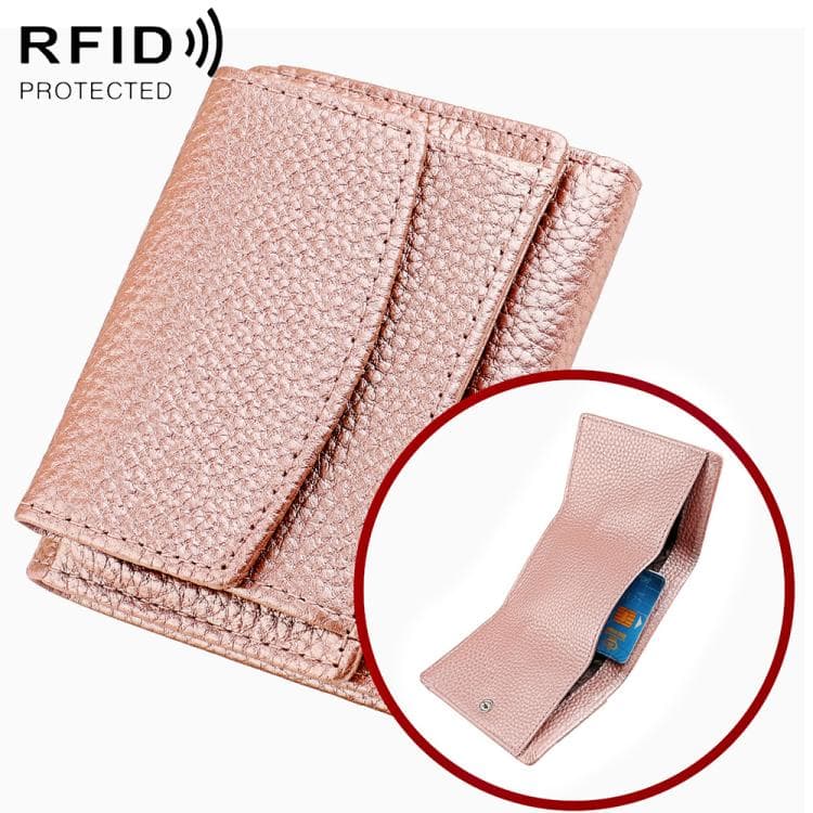 Women RFID Short Genuine Leather Wallet(Rose Gold)