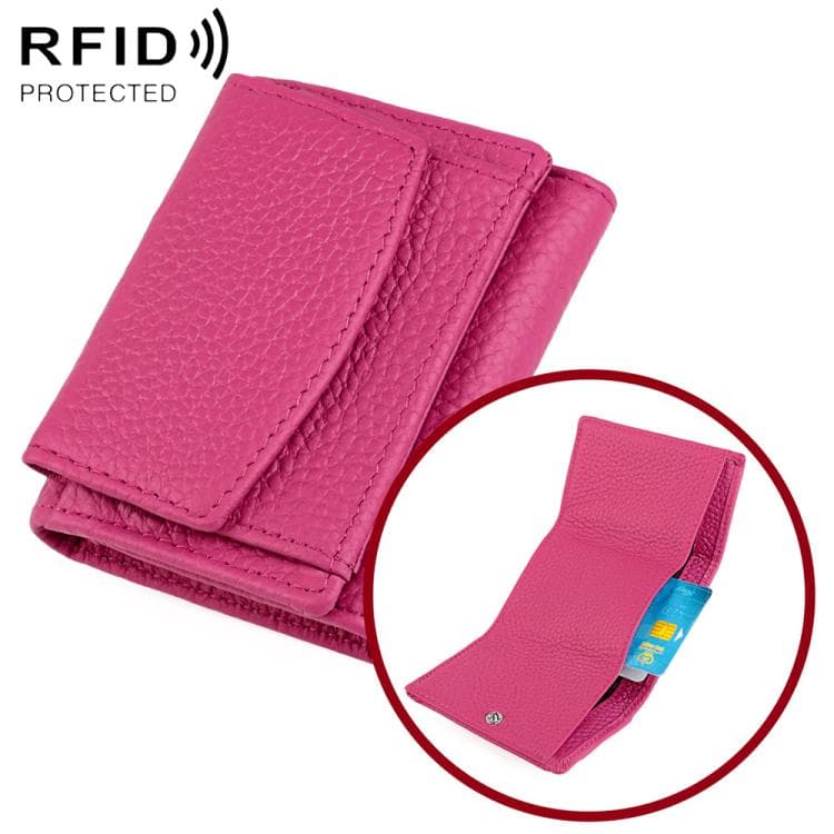 Women RFID Short Genuine Leather Wallet(Rose Red)