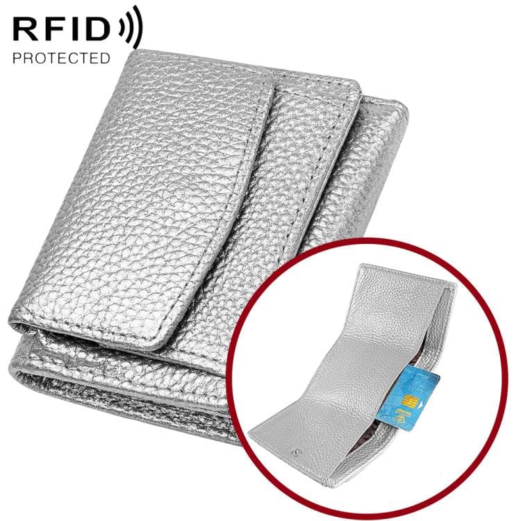 Women RFID Short Genuine Leather Wallet(Silver)