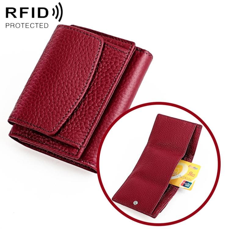 Women RFID Short Genuine Leather Wallet(Wine Red)