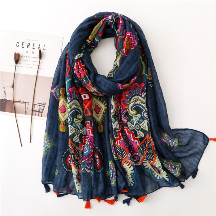 Sciarpa in cotone e lino da donna 180 x 85 cm, retrò, con stampa bohemien, plissettata, SL1903-100