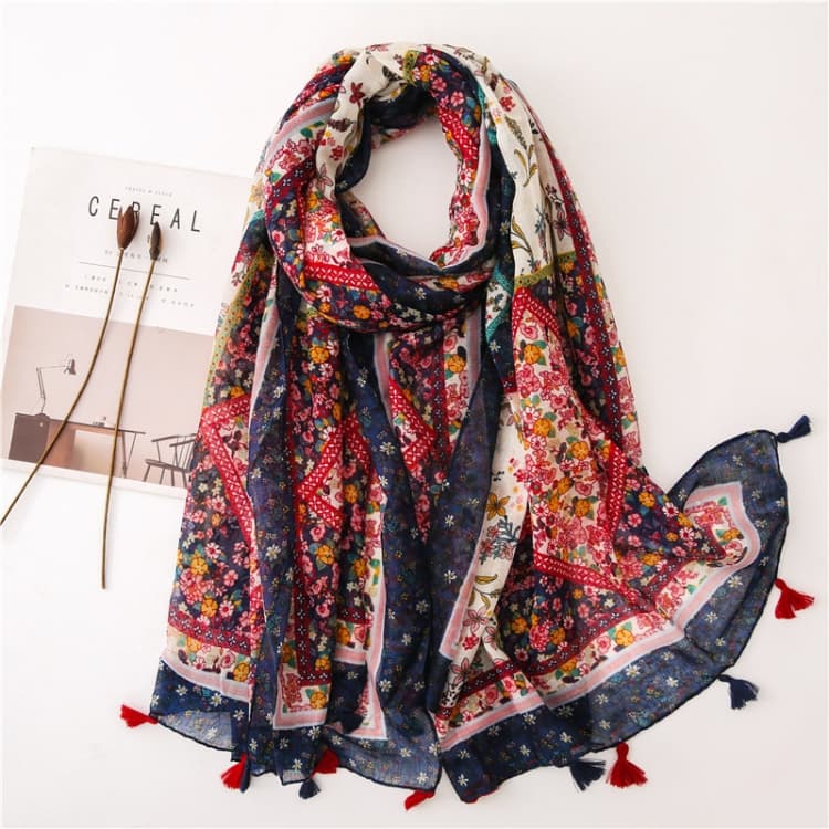 Sciarpa in cotone e lino da donna 180 x 85 cm, retrò, con stampa bohemien, placcata in seta, SL1906-022