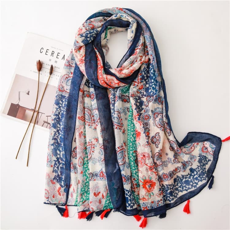 Sciarpa in cotone e lino da donna 180 x 85 cm, retrò, con stampa bohemien, placcata in seta, SL1906-052