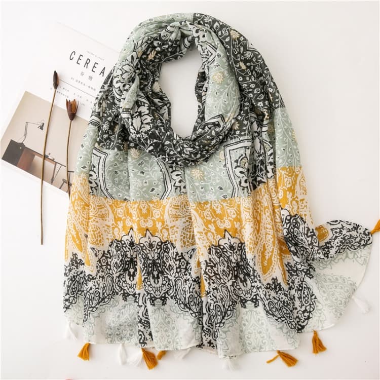 Sciarpa in cotone e lino da donna 180 x 85 cm, stampa bohemian retrò, scialle in seta SL1909-009