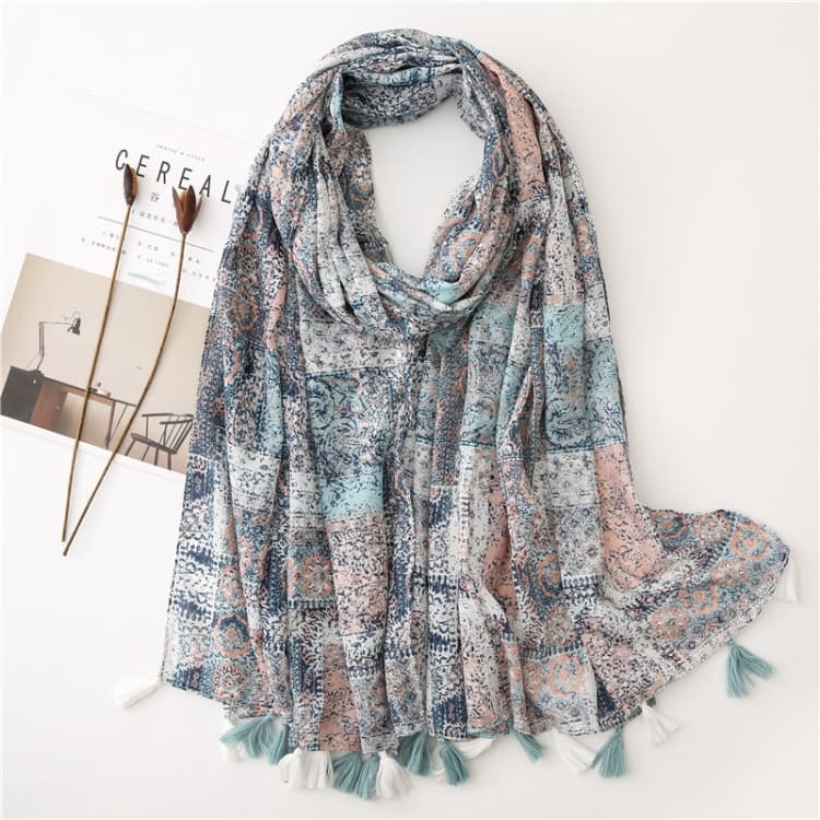 Sciarpa in cotone e lino da donna 180 x 85 cm, stampa bohemien retrò con inserti, scialle in seta SL1909-021