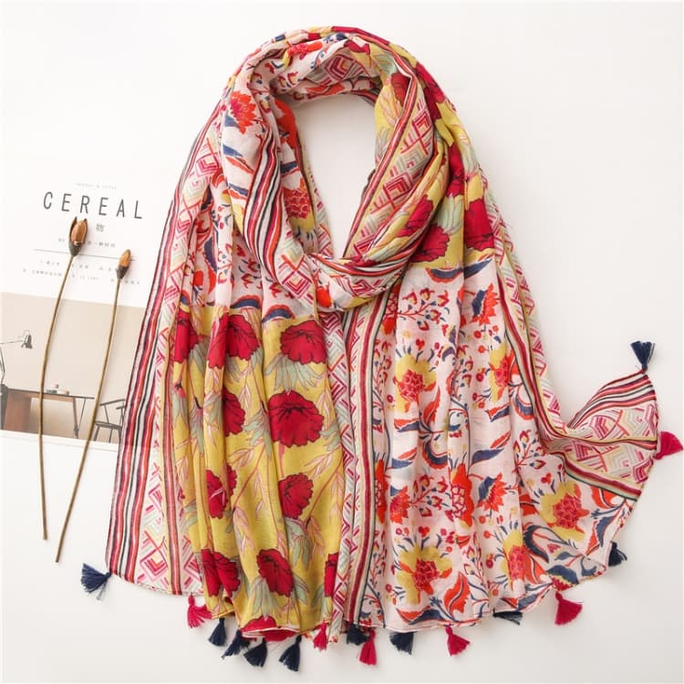 Sciarpa in cotone e lino da donna 180 x 85 cm, retrò, con stampa bohemien, shawl in seta SL2008-005 Giallo