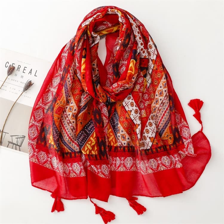 Sciarpa in cotone e lino da donna 180 x 85 cm, retrò, con stampa bohemien, placcata in seta, SL2310-016