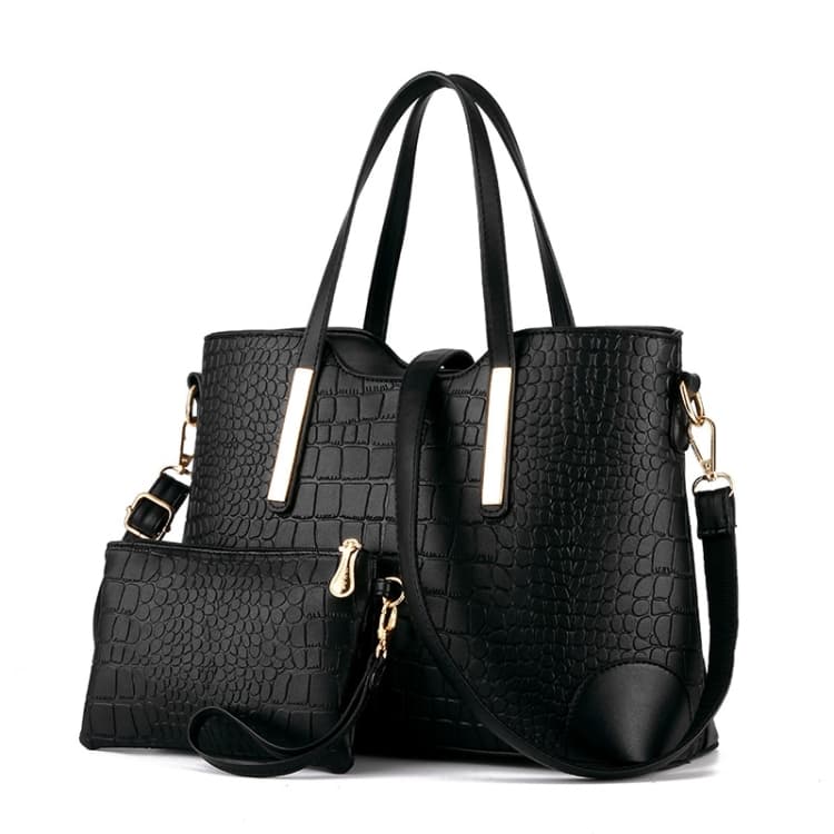 2 in 1 Vintage Messenger Bags Shoulder Handbag Women Crocodile Pattern Composite Bag Leather Wallet(Black)