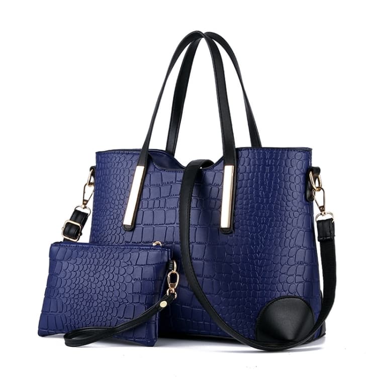 2 in 1 Vintage Messenger Bags Shoulder Handbag Women Crocodile Pattern Composite Bag Leather Wallet(Dark blue)