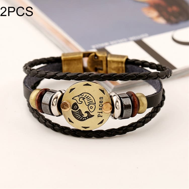 2 PCS Couple Lovers Jewelry Leather Braided Constellation Detail Hand Chain Bracelet