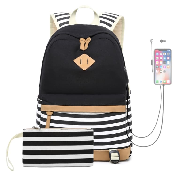2 PCS/Set Printed Canvas Backpack Student School Bag Striped Large Capacity Backpack(Black)