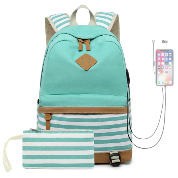 2 PCS/Set Printed Canvas Backpack Student School Bag Striped Large Capacity Backpack(Green)