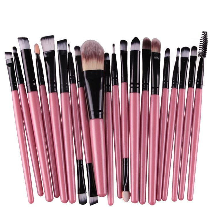 Set di 20 pennelli per trucco con manico in legno, strumenti di bellezza (nero+rosa)