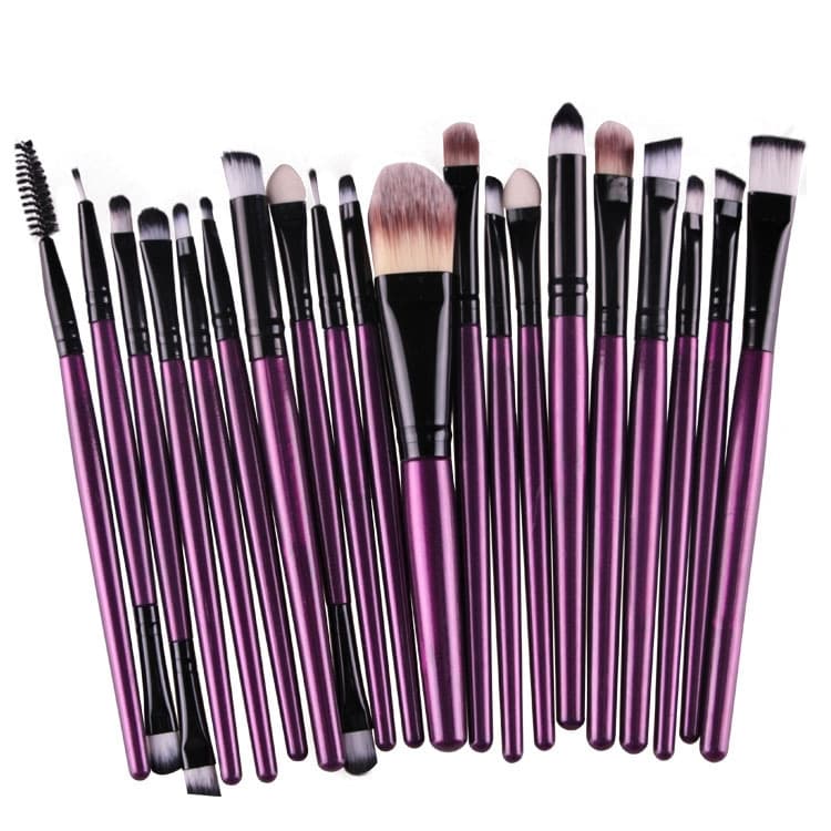 Set di 20 pennelli per trucco con manico in legno, strumenti di bellezza (nero+viola)