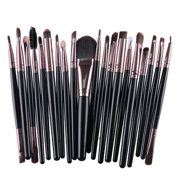 Set di 20 pennelli per trucco con manico in legno, strumenti di bellezza (marrone+nero)