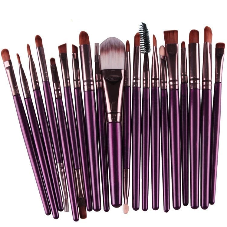 Set di 20 pennelli per trucco con manico in legno, strumenti di bellezza (marrone+viola)