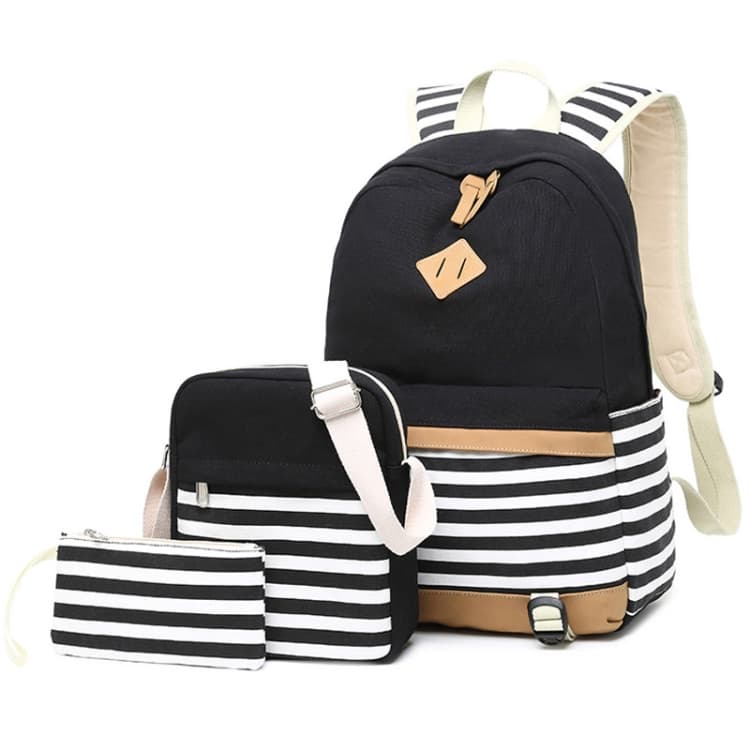 3 PCS/Set Canvas Leisure Backpack Large Capacity Printed School Bag(Black)