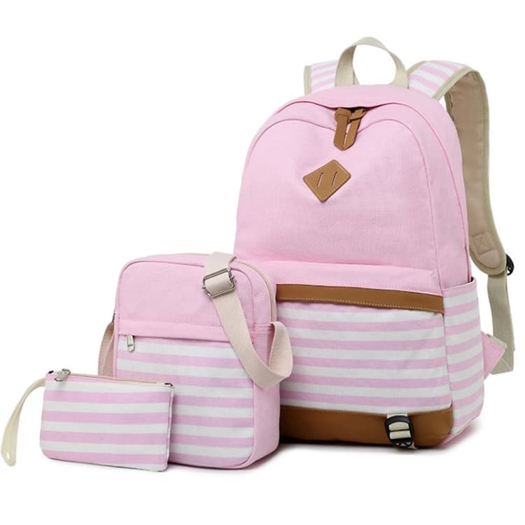 3 PCS/Set Canvas Leisure Backpack Large Capacity Printed School Bag(Pink)