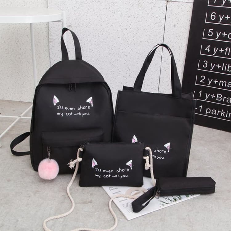 4pcs /Set Student Schoolbag Casual Outdoor Traveling Shoulder Bag(Black)