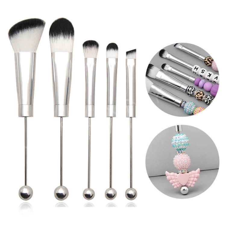 Set di pennelli per trucco 5 in 1 con manico in metallo fai da te con perline, per fard, cipria sciolta, ombretto obliquo, colore: Argento