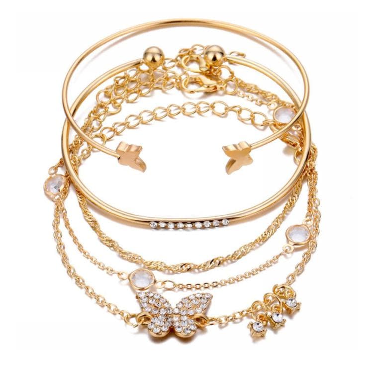 Set da 5 pezzi Bracciale a polsino aperto bohémien con farfalla e cristallo diamante (6129 Oro)