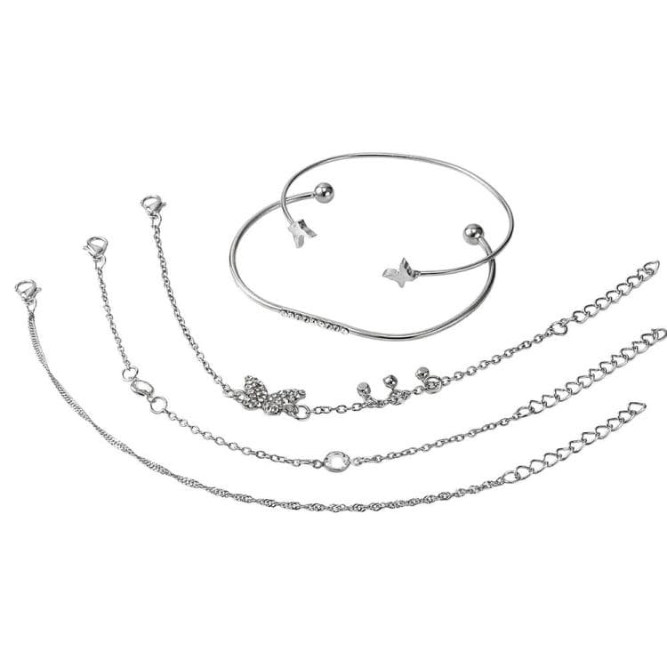 Set da 5 pezzi Bracciale a farfalla bohemien con cristallo diamante a polsino aperto (6388 Argento)