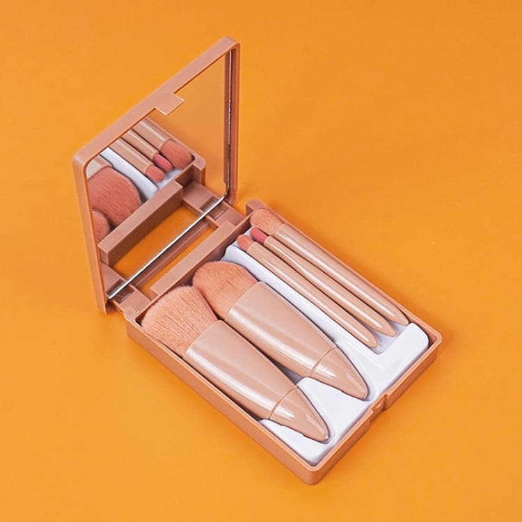 Set da 5 pezzi/Set medio di pennelli per trucco portatili con specchio, mini pennelli multifunzionali (marrone)