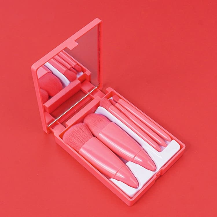 Set da 5 pezzi/Set medio di pennelli per trucco portatili con specchio, mini pennelli multifunzionali (rosso rosa)