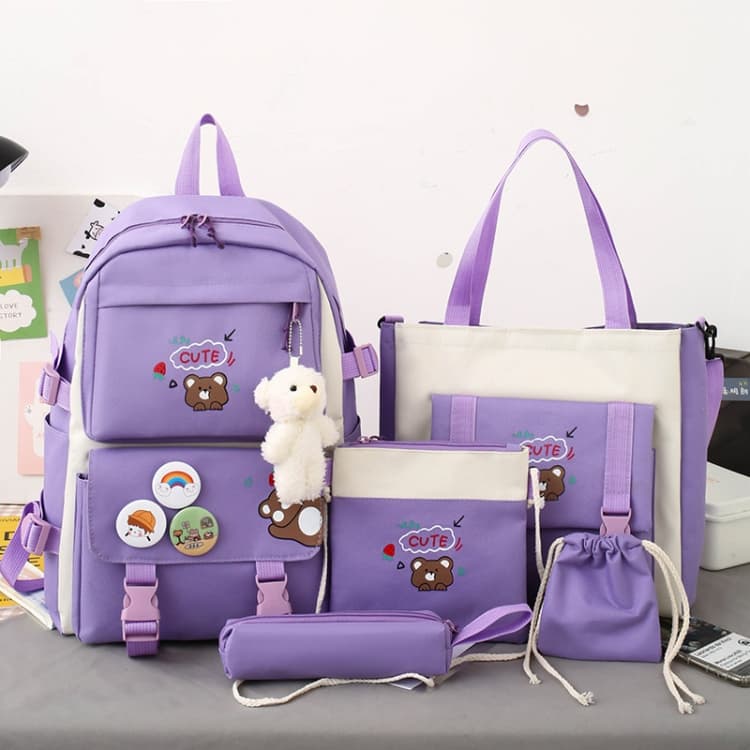 5pcs/Set Student Schoolbags, Lightweight and Cute Girls Backpack with Bear(Dark Purple)