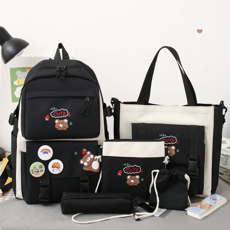5pcs/Set Student Schoolbags, Lightweight and Cute Girls Backpack(Black)