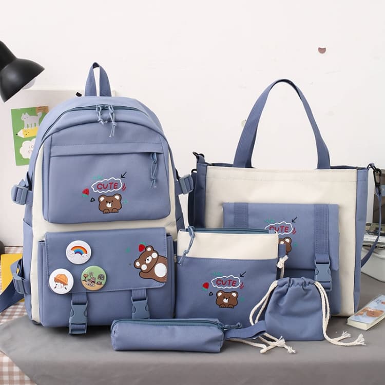 5pcs/Set Student Schoolbags, Lightweight and Cute Girls Backpack(Blue)