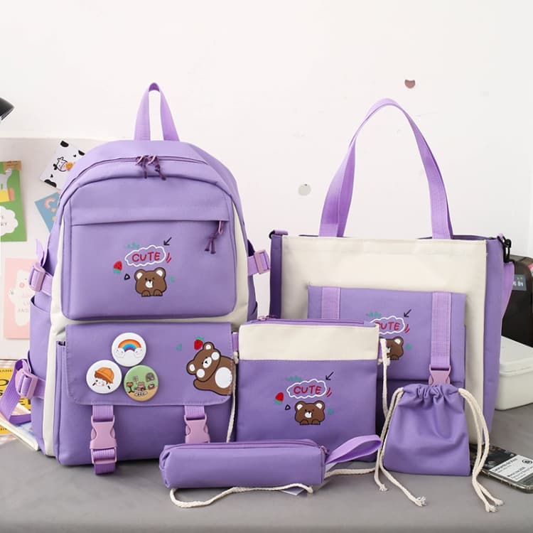 5pcs/Set Student Schoolbags, Lightweight and Cute Girls Backpack(Dark Purple)