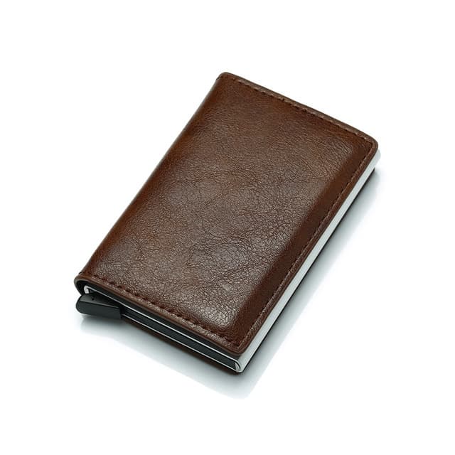 Automatic Elastic Card Type Anti-magnetic RFID Anti-theft Retro Card Package Universal Leather Metal Wallet(Coffee)