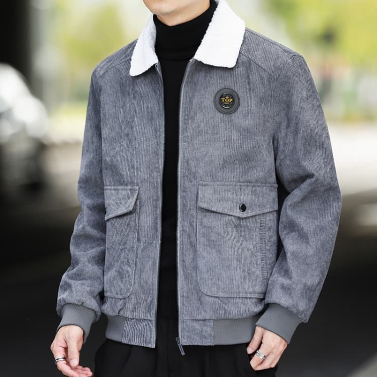 Autumn and Winter Casual Jacket Vintage Corduroy Lapel Coat, Color: Gray Plush(3XL)
