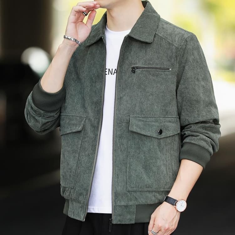 Autumn and Winter Casual Jacket Vintage Corduroy Lapel Coat, Color: Green(3XL)