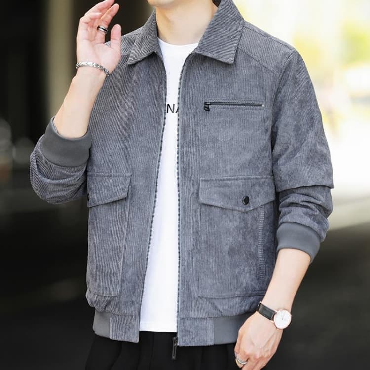 Autumn and Winter Casual Jacket Vintage Corduroy Lapel Coat, Color: Grey(4XL)