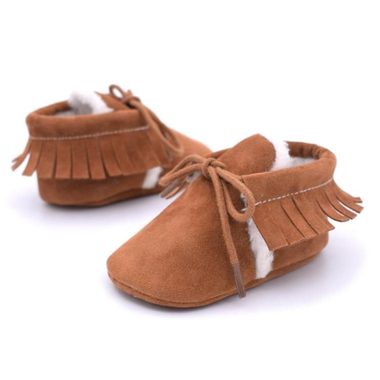 Scarpine Mocassini Baby Frange Suola Morbida Antiscivolo Calzature Culla PU Pelle Scamosciata Prime Scarpe (Marrone)