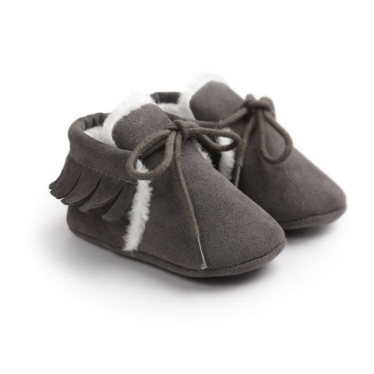 Scarpine Mocassini Bambino Frange Suola Morbida Antiscivolo Calzature Culla PU Pelle Scamosciata Prime Scarpe (Grigio Scuro)
