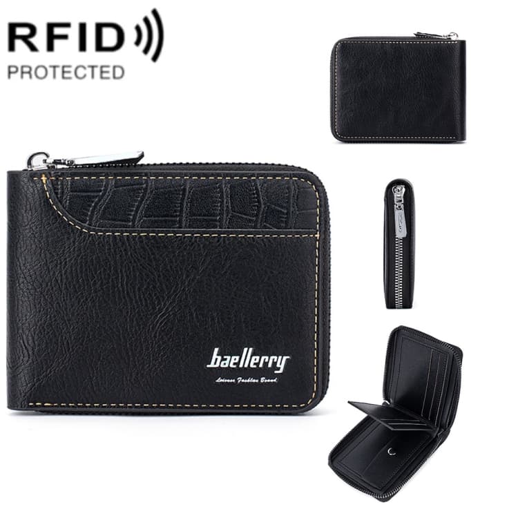 Baellerry D5101 RFID Anti-theft Spliced Short Wallet Retro Multi-card Zipper Coin Purse(Black)
