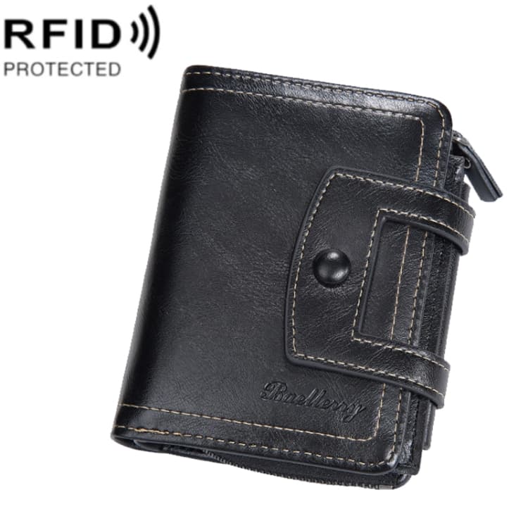 Baellerry D5112 RFID Anti-Theft Multi-Card Slot Buckle Tri-fold Zipper Short Wallet Coin Purse(Black)