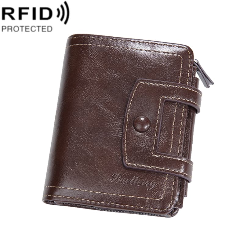 Baellerry D5112 RFID Anti-Theft Multi-Card Slot Buckle Tri-fold Zipper Short Wallet Coin Purse(Coffee)
