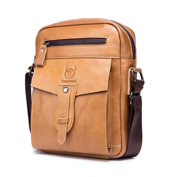 BULL CAPTAIN 053 Men Messenger Bag Cowhide Large Capacity Briefcase, Specification๏ผLarge (Yellow Brown)