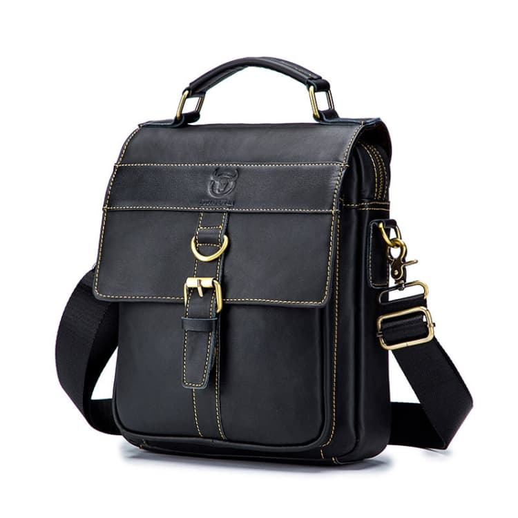 BULL CAPTAIN 302 First-Layer Cowhide Men Casual Shoulder Bag Leather Retro Briefcase(Obsmetrical Black)